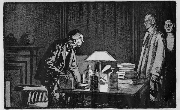 A line drawing of three men standing over a table stacked with books.