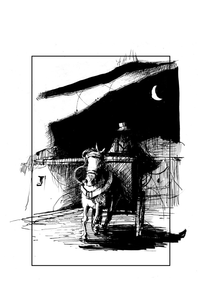 A black and white line drawing of a horse-driven hansom cab and driver at nighttime.