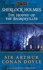 The cover of the Hound of the Baskervilles by Sir Arthur Conan Doyle. A blue background with a picture of a house at night obscured by trees.