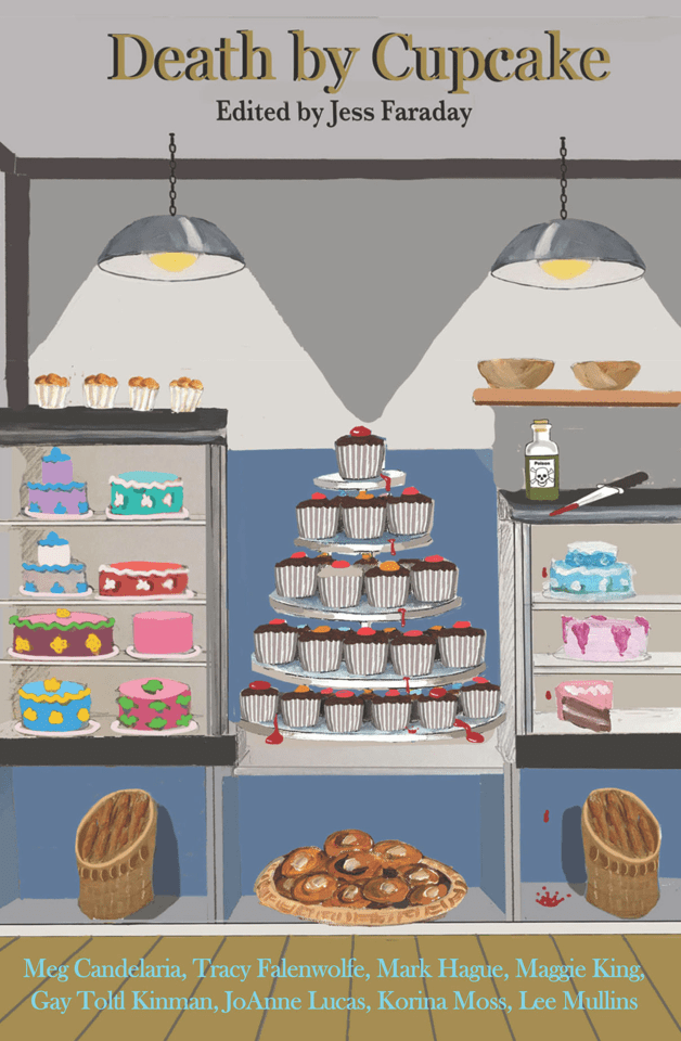 An animated cake shop display with a tower of cupcakes flanked by shelves with birthday cakes and other pastries.